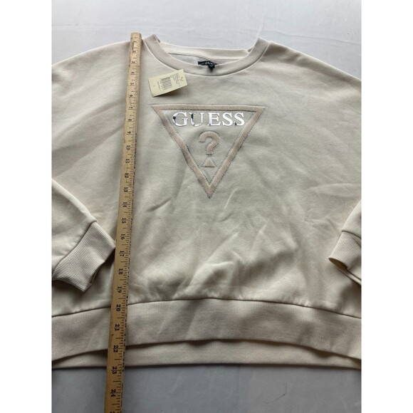 NWT Guess Rhinestone Pony Hair Logo Sweatshirt Large Cream White Fleece Cropped - Picture 3 of 5